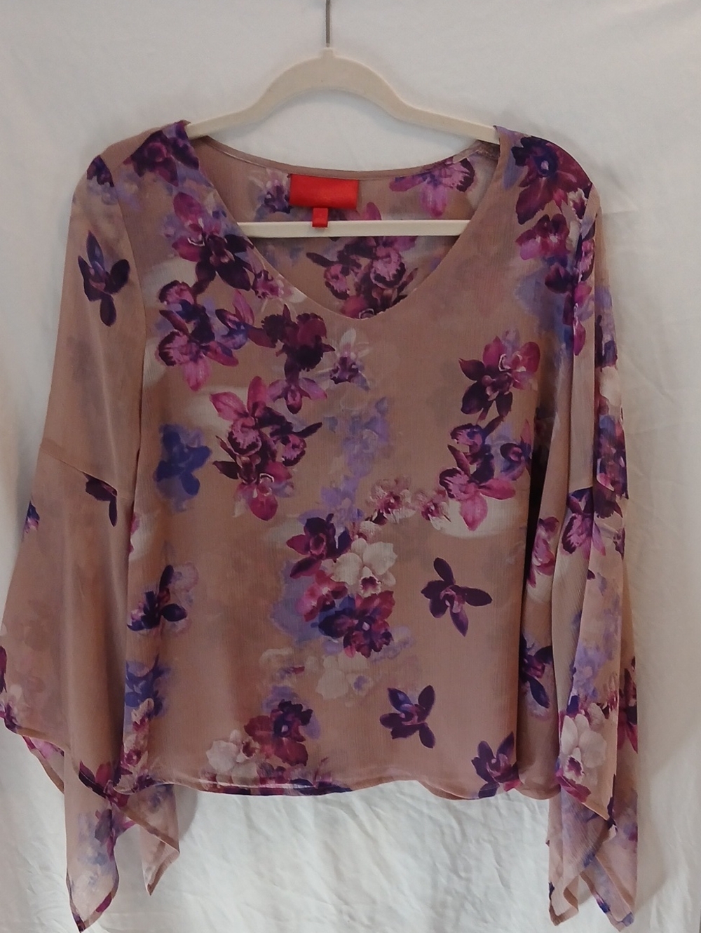 Jennifer Lopez Sheer Floral Blouse with Purple Pink Prints Open Flare Sleeves